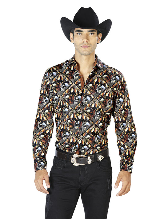 Camisa Vaquera de Hombre El Señor de los Cielos Manga Larga Casual en 97% Poliéster 3% Spandex Color Dorado 43555