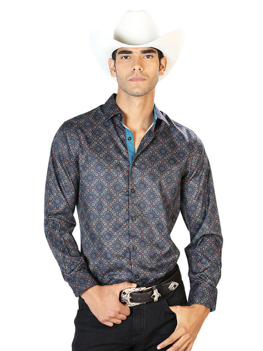 Camisa Vaquera de Hombre El Señor de los Cielos Manga Larga Casual en 97% Poliéster 3% Spandex Color Negro/Dorado 43556