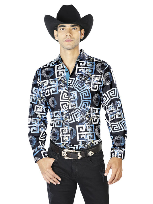 Camisa Vaquera de Hombre El Señor de los Cielos WH-115 Manga Larga Casual en 97% Poliéster 3% Spandex Color Azul Marino 43558