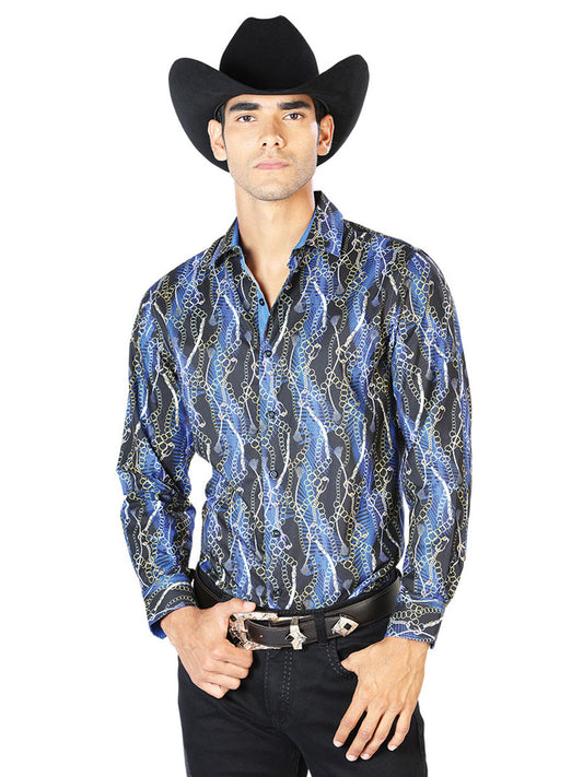 Camisa Vaquera de Hombre El Señor de los Cielos Manga Larga Casual en 97% Poliéster 3% Spandex Color Negro/Azul 43560