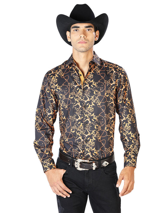 Camisa Vaquera de Hombre El Señor de los Cielos Manga Larga Casual en 97% Poliéster 3% Spandex Color Negro/Dorado 43561