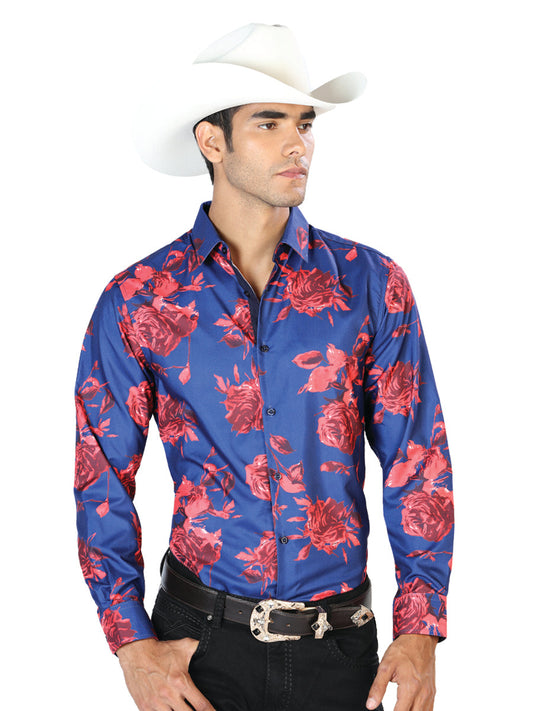Camisa Vaquera de Hombre El Señor de los Cielos Manga Larga Casual en 97% Poliéster 3% Spandex Color Azul/Rojo 43563