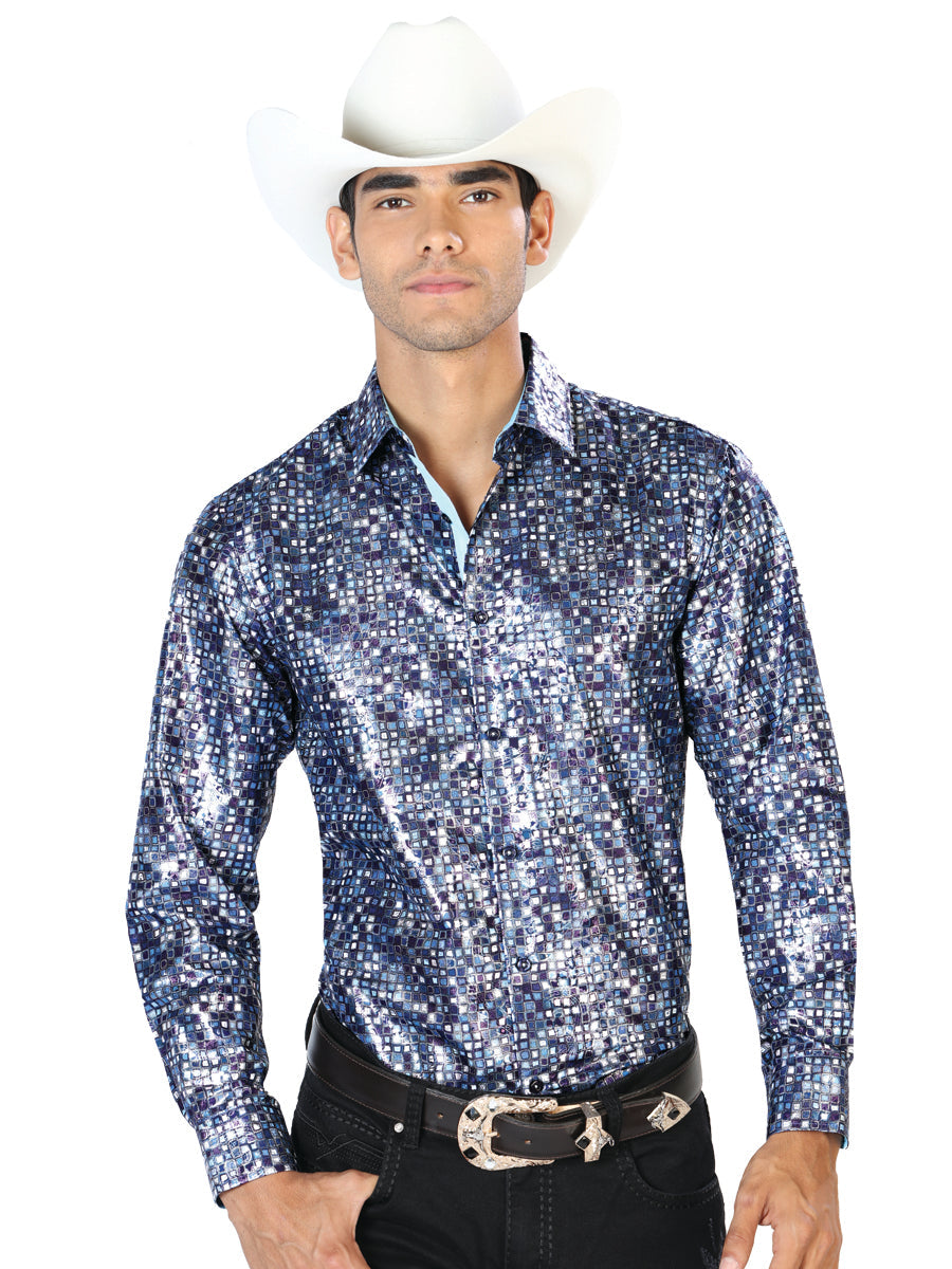 Camisa Manga Larga Azul Marino Azul Casual Manga Larga
