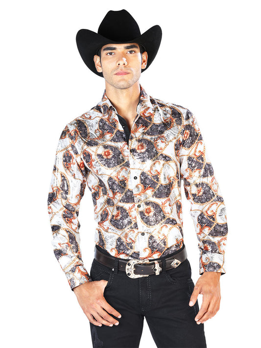 Camisa Vaquera de Hombre El Señor de los Cielos Manga Larga Casual en 97% Poliéster 3% Spandex Color Blanco Roto/Dorado 43566