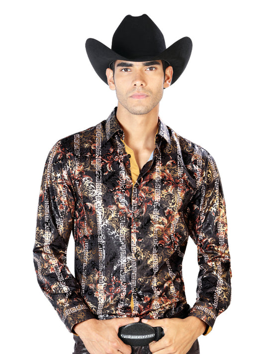 Camisa Vaquera de Hombre El Señor de los Cielos WH-104 Manga Larga Casual en 97% Poliéster 3% Spandex Color Negro/Dorado 43568