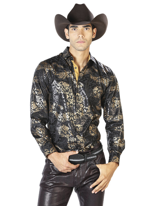 Camisa Vaquera de Hombre El Señor de los Cielos WH-227 Manga Larga Casual en 97% Poliéster 3% Spandex Color Negro/Dorado 43570