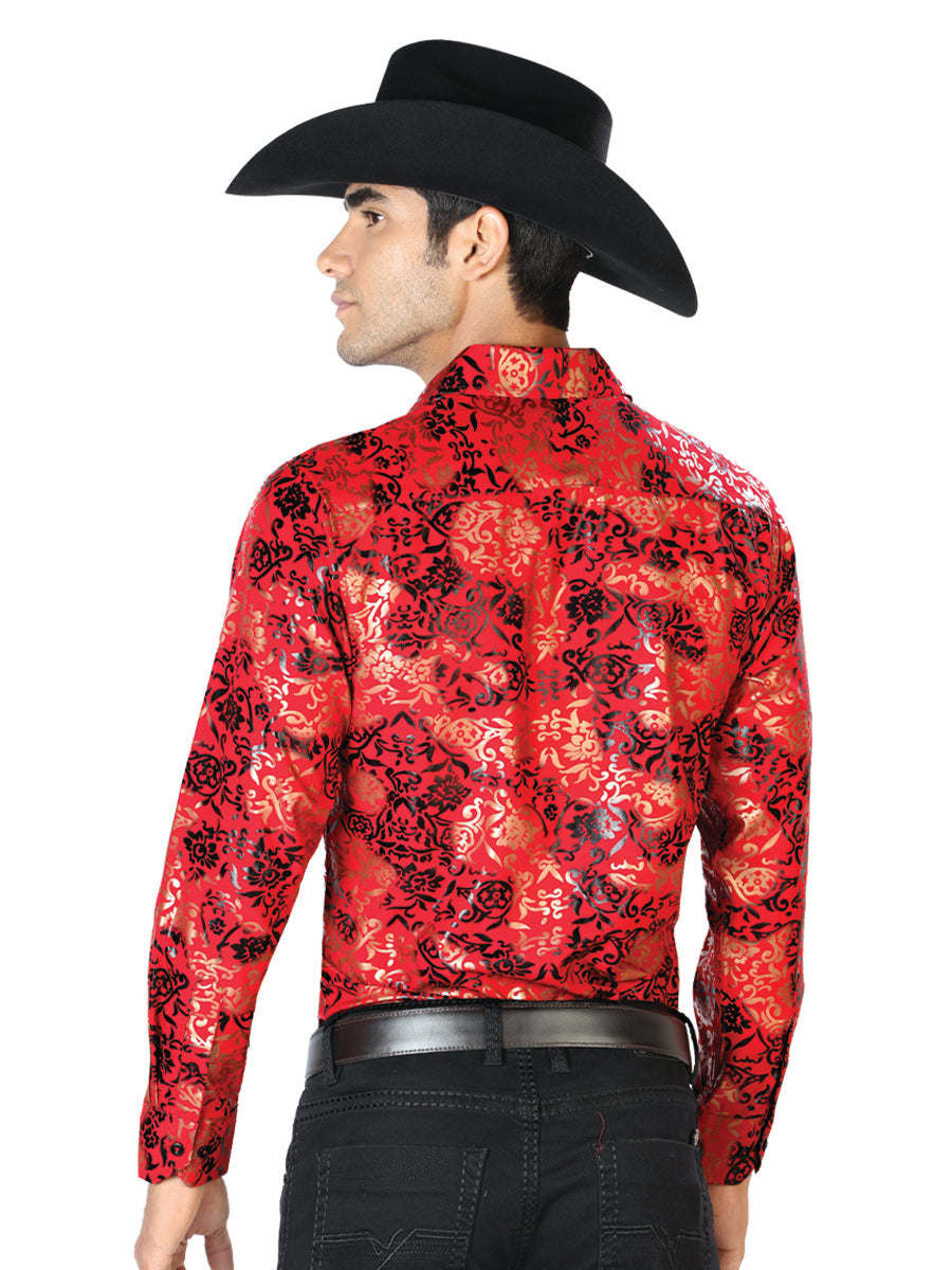 Camisa Vaquera de Hombre El Señor de los Cielos Manga Larga Casual en 97% Poliéster 3% Spandex Color Rojo/Dorado 43572