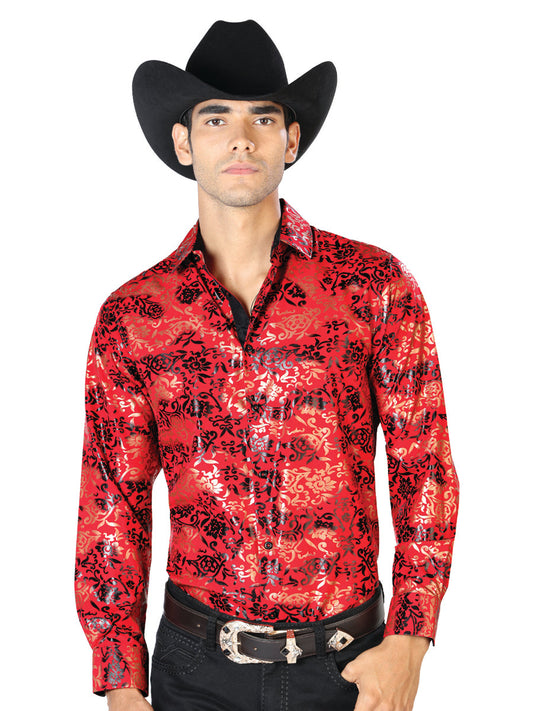 Camisa Vaquera de Hombre El Señor de los Cielos Manga Larga Casual en 97% Poliéster 3% Spandex Color Rojo/Dorado 43572