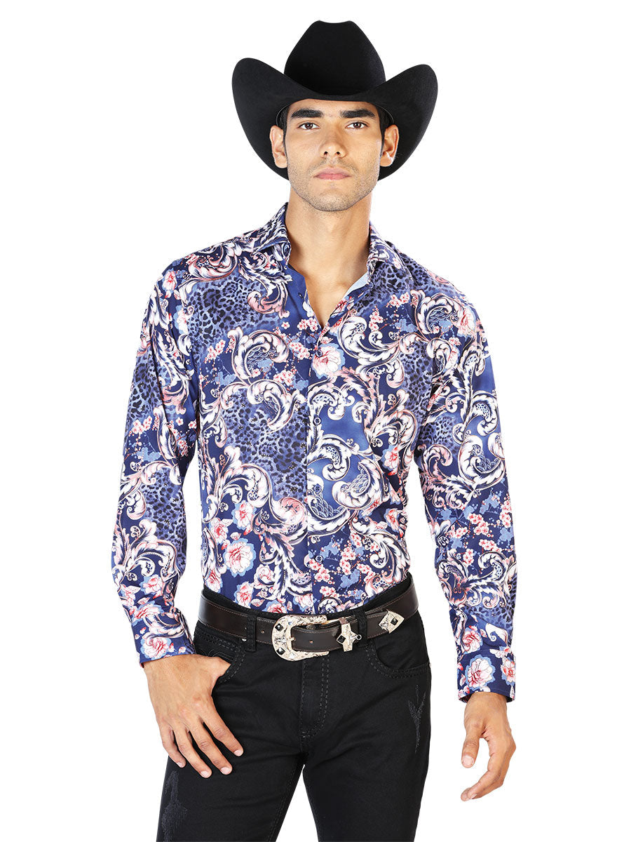 Camisa Manga Larga Azul Marino Azul Casual Manga Larga