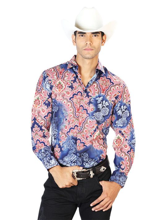 Camisa Vaquera de Hombre El Señor de los Cielos Manga Larga Casual en 97% Poliéster 3% Spandex Color Azul/Rojo/Dorado 43580