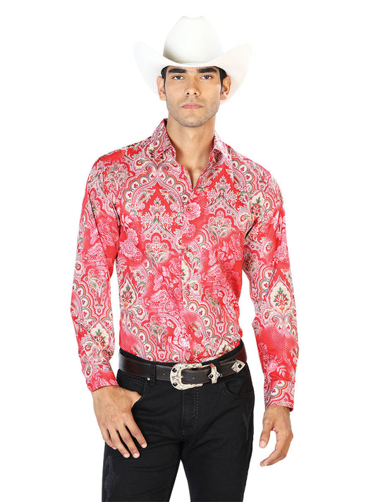 Camisa Vaquera de Hombre El Señor de los Cielos Manga Larga Casual en 97% Poliéster 3% Spandex Color Rojo 43581