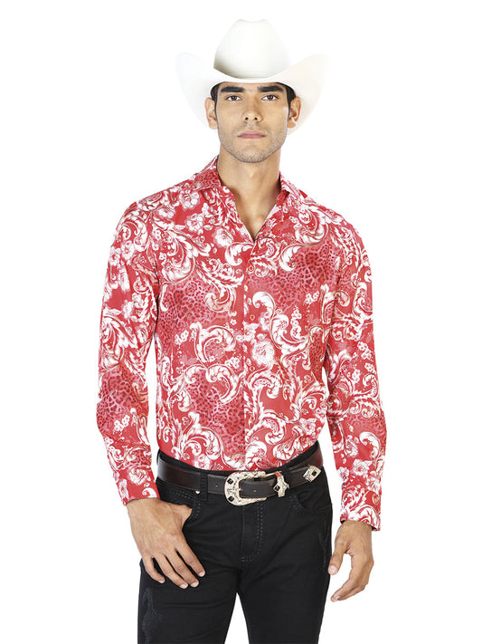 Camisa Vaquera de Hombre El Señor de los Cielos Manga Larga Casual en 97% Poliéster 3% Spandex Color Rojo 43583