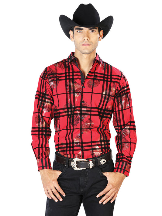 Camisa Vaquera de Hombre El Señor de los Cielos WH-025 Manga Larga Casual en 97% Poliéster 3% Spandex Color Vino 43592