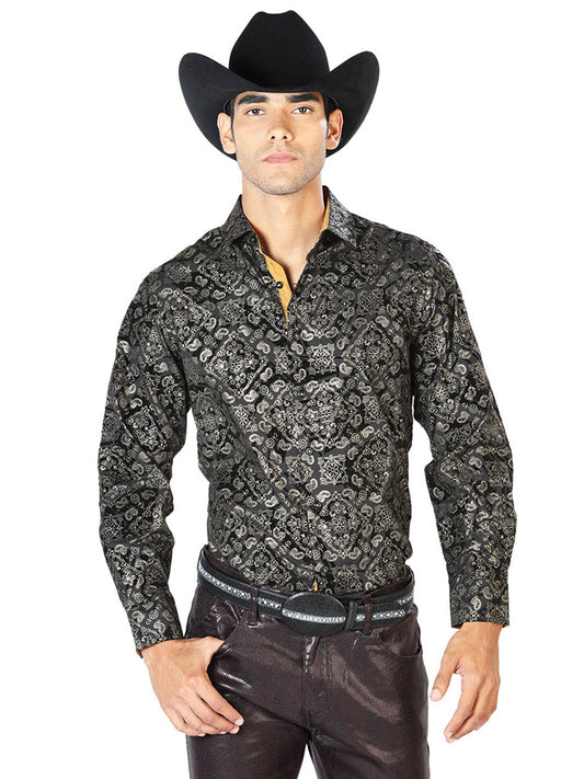 Camisa Vaquera de Hombre El Señor de los Cielos WH-012 Manga Larga Casual en 97% Poliéster 3% Spandex Color Negro 43600
