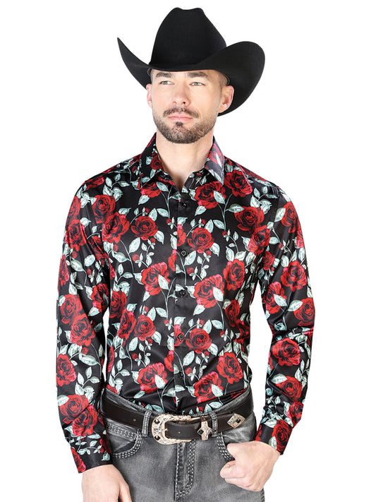 Camisa Vaquera de Hombre El Señor de los Cielos Manga Larga Casual en 97% Poliéster 3% Lycra Color Negro/Rojo 43667