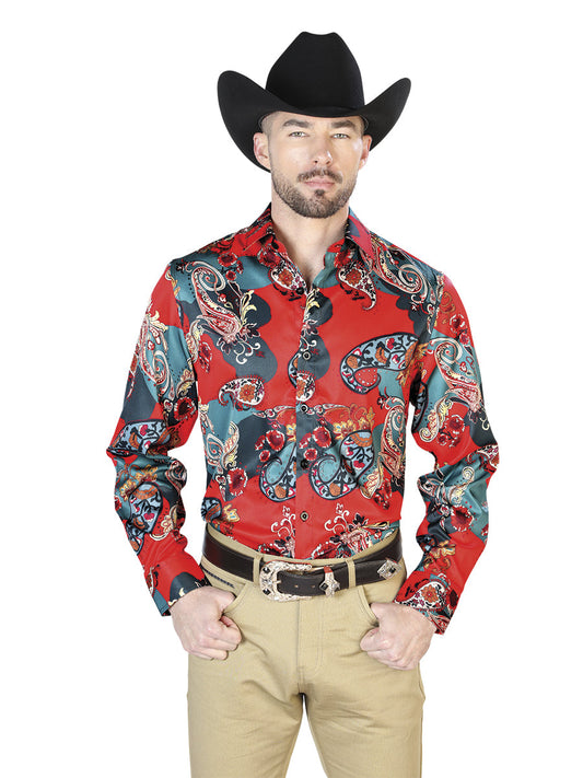 Camisa Vaquera de Hombre El Señor de los Cielos Manga Larga Casual en 97% Poliéster 3% Lycra Color Rojo 43668