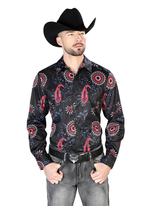 Camisa Vaquera de Hombre El Señor de los Cielos Manga Larga Casual en 97% Poliéster 3% Lycra Color Negro/Rosa 43673