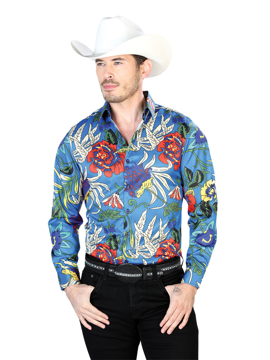 Camisa Manga Larga Azul Casual Manga Larga