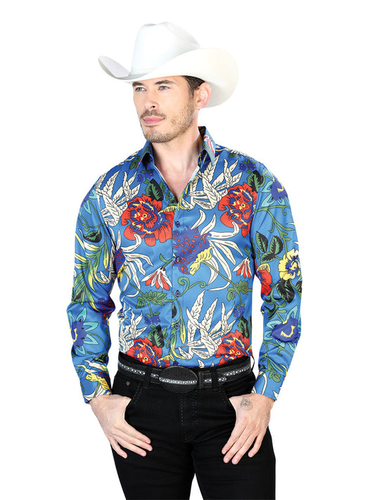 Camisa Vaquera de Hombre El Señor de los Cielos Manga Larga Casual en 97% Poliéster 3% Lycra Color Azul/Dorado 43677