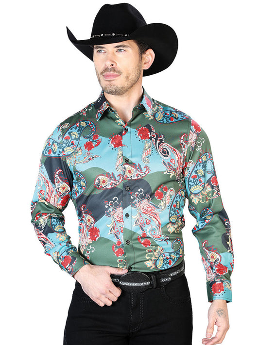 Camisa Vaquera de Hombre El Señor de los Cielos Manga Larga Casual en 97% Poliéster 3% Lycra Color Negro/Aqua 43681