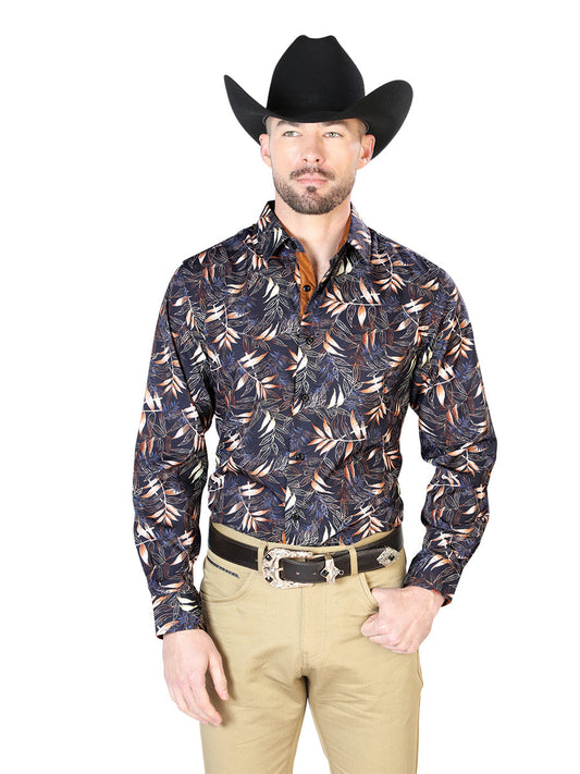 Camisa Vaquera de Hombre El Señor de los Cielos Manga Larga Casual en 95% Poliéster 5% Spandex Color Negro/Dorado 43691