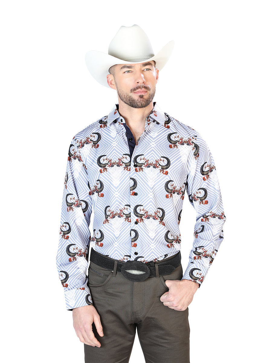 Camisa Vaquera de Hombre El Señor de los Cielos Manga Larga Casual en 95% Poliéster 5% Spandex Color Gris/Negro 43693