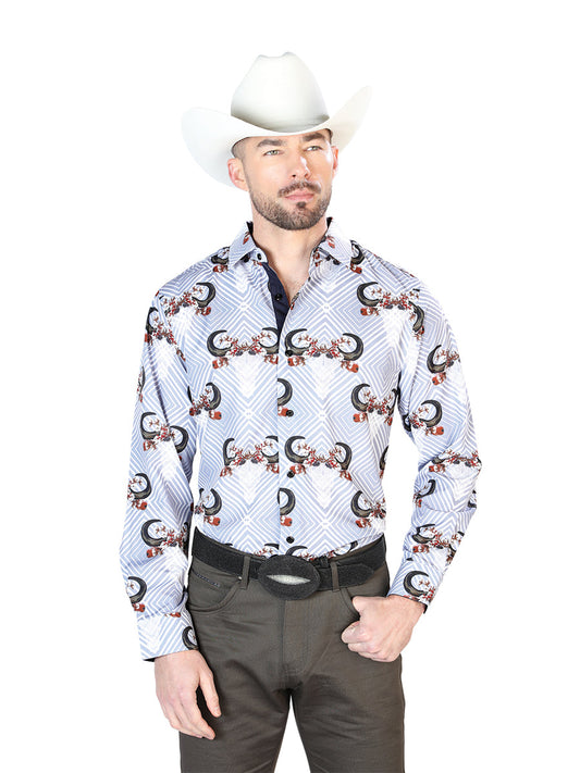 Camisa Vaquera de Hombre El Señor de los Cielos Manga Larga Casual en 95% Poliéster 5% Spandex Color Gris/Negro 43693
