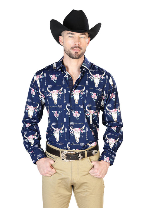 Camisa Vaquera de Hombre El Señor de los Cielos Manga Larga Casual en 95% Poliéster 5% Spandex Color Azul/Beige 43694
