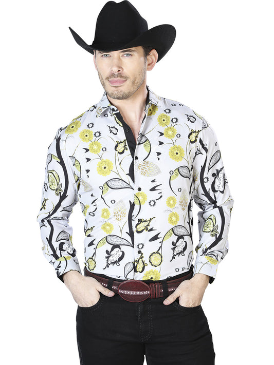 Camisa Vaquera de Hombre El Señor de los Cielos Manga Larga Casual en 95% Poliéster 5% Spandex Color Gris/Amarillo 43697