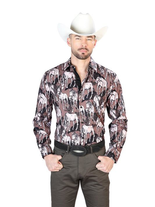 Camisa Vaquera de Hombre El Señor de los Cielos Manga Larga Casual en 100% Poliéster Color Negro/Beige 43699