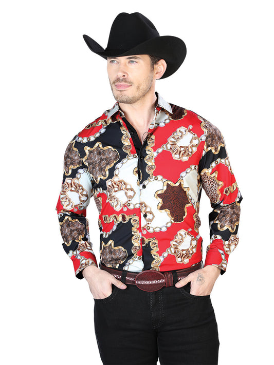 Camisa Vaquera de Hombre El Señor de los Cielos Manga Larga Casual en 100% Poliéster Color Negro/Rojo/Amarillo 43700