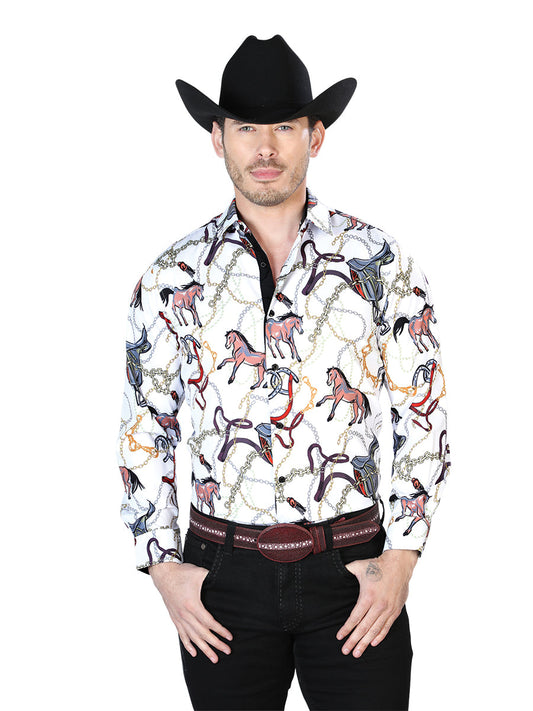 Camisa Vaquera de Hombre El Señor de los Cielos Manga Larga Casual en 95% Poliéster 5% Spandex Color Blanco Roto/Oro 43701