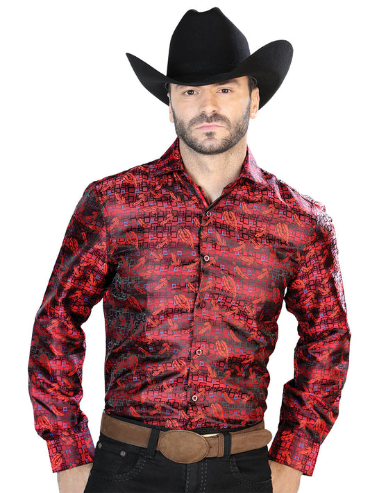 Camisa Vaquera de Hombre El Señor de los Cielos Manga Larga Casual en 100% Poliéster Color Rojo/Azul 43702