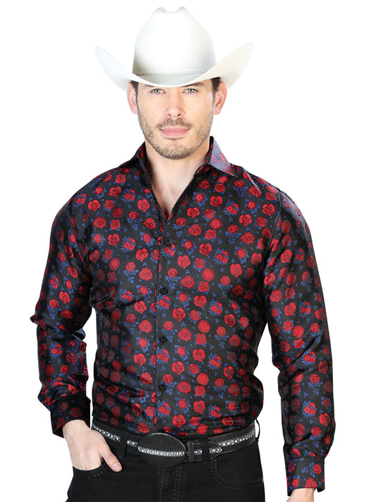 Camisa Vaquera de Hombre El Señor de los Cielos Manga Larga Casual en 100% Microfibra Color Rojo/Negro 43703