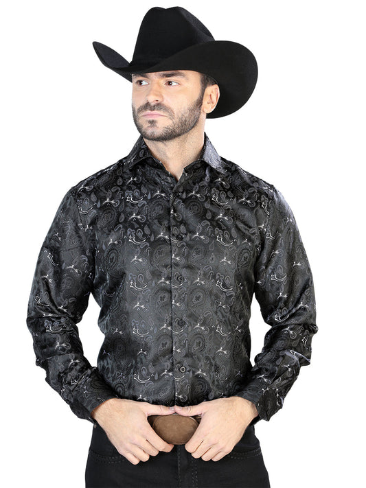 Camisa Vaquera de Hombre El Señor de los Cielos Manga Larga Casual en 100% Microfibra Color Negro 43706