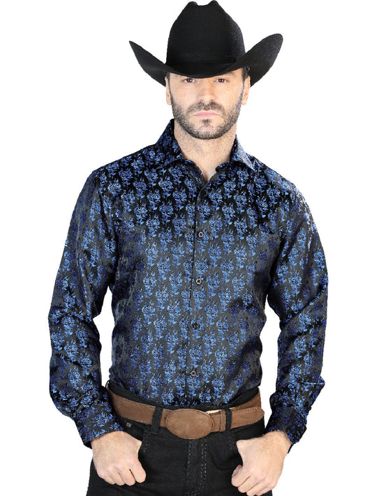 Camisa Vaquera de Hombre El Señor de los Cielos Manga Larga Casual en 100% Microfibra Color Negro/Azul 43707