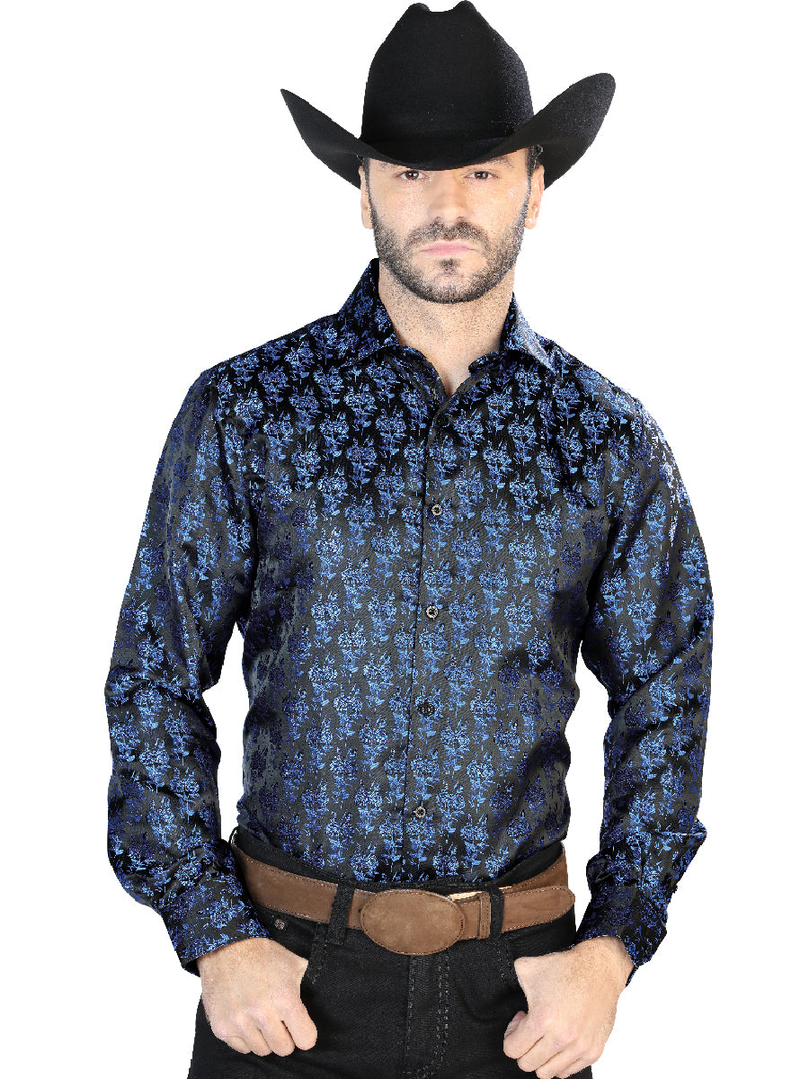 Camisa Vaquera de Hombre El Señor de los Cielos Manga Larga Casual en 100% Microfibra Color Negro/Azul 43707