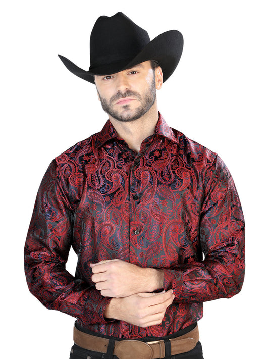 Camisa Vaquera de Hombre El Señor de los Cielos Manga Larga Casual en 100% Microfibra Color Rojo/Negro 43708