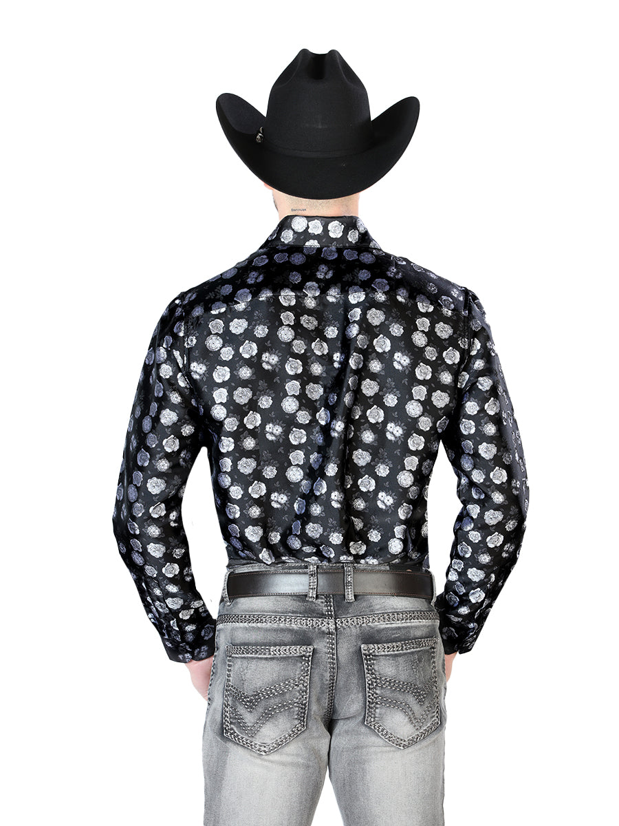 Camisa Vaquera de Hombre El Señor de los Cielos Manga Larga Casual en 100% Microfibra (Poliéster) Color Negro/Blanco 43710