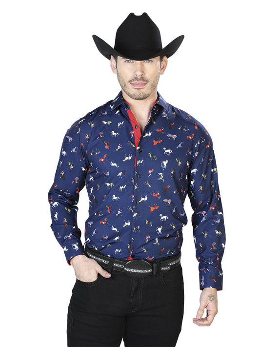 Camisa Vaquera de Hombre El Señor de los Cielos Manga Larga Casual en 95% Poliéster 5% Spandex Color Azul 43715