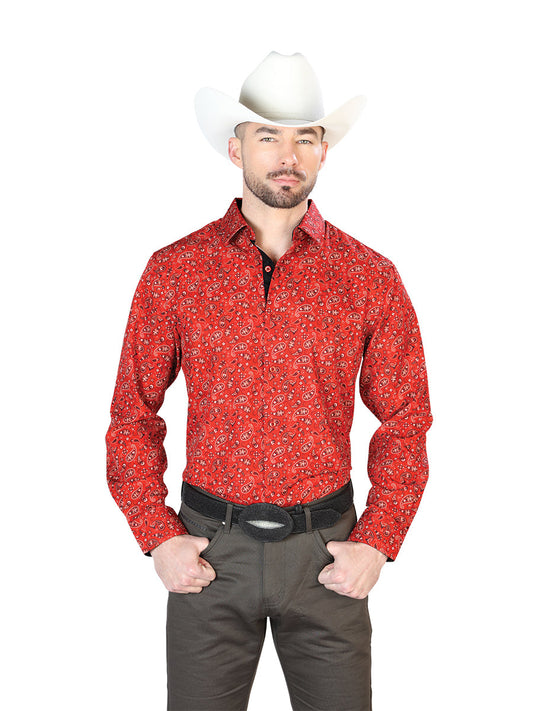 Camisa Vaquera de Hombre El Señor de los Cielos Manga Larga Casual en 95% Poliéster 5% Spandex Color Rojo 43716