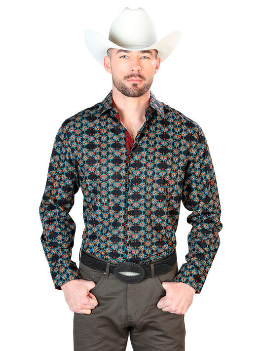 Camisa Vaquera de Hombre El Señor de los Cielos Manga Larga Casual en 95% Poliéster 5% Spandex Color Negro/Dorado 43717