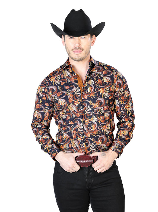 Camisa Vaquera de Hombre El Señor de los Cielos Manga Larga Casual en 95% Poliéster 5% Spandex Color Negro/Dorado 43719