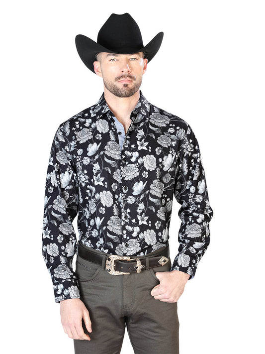 Camisa Vaquera de Hombre El Señor de los Cielos Manga Larga Casual en 95% Poliéster 5% Spandex Color Negro/Plata 43720