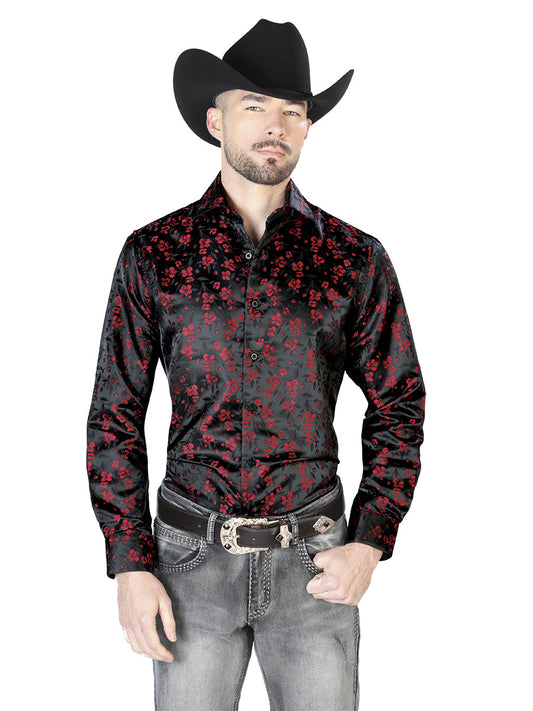 Camisa Vaquera de Hombre El Señor de los Cielos Manga Larga Casual en 100% Microfibra (Poliéster) Color Negro/Rojo 43742