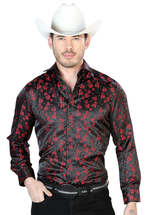 Camisa Vaquera de Hombre El Señor de los Cielos Manga Larga Casual en 100% Microfibra (Poliéster) Color Negro/Rojo 43756