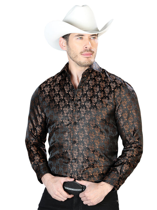 Camisa Vaquera de Hombre El Señor de los Cielos Manga Larga Casual en 100% Microfibra (Poliéster) Color Negro/Café 43759