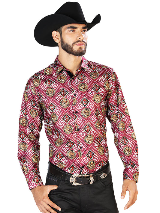 Camisa Vaquera de Hombre El Señor de los Cielos WH7-287 Manga Larga Casual en 100% Poliéster Color Vino 43770