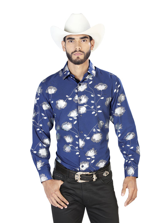 Camisa Vaquera de Hombre El Señor de los Cielos WH7-006 Manga Larga Casual en 97% Poliéster 3% Spandex Color Azul 43774