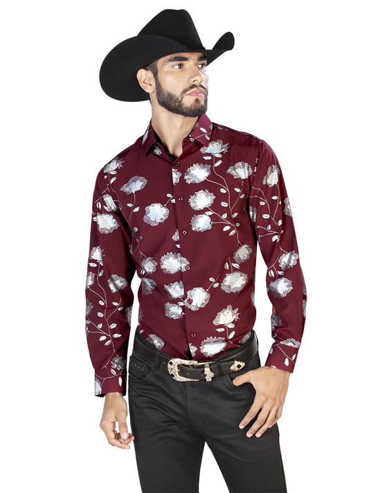 Camisa Vaquera de Hombre El Señor de los Cielos Manga Larga Casual en 97% Poliéster 3% Spandex Color Vino 43776